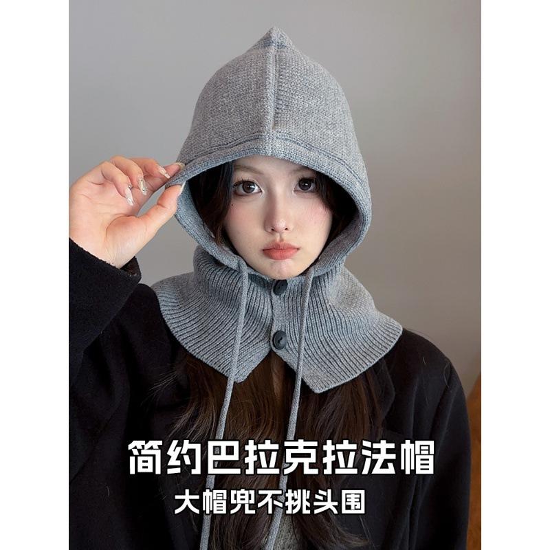 Korean balaclava hat for women, winter warm hat with integrated neck warmer, couple's style, ear protection, knitted wool hat