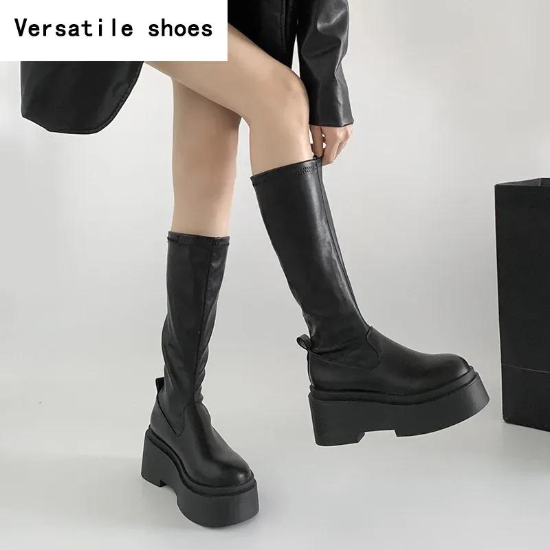 Streetový styl Podzim Zima Dlouhé Kozačky po Koleno Dámské Módní Platforma Vysoké Podpatky Boty Nazouvací Párty Botas Mujer