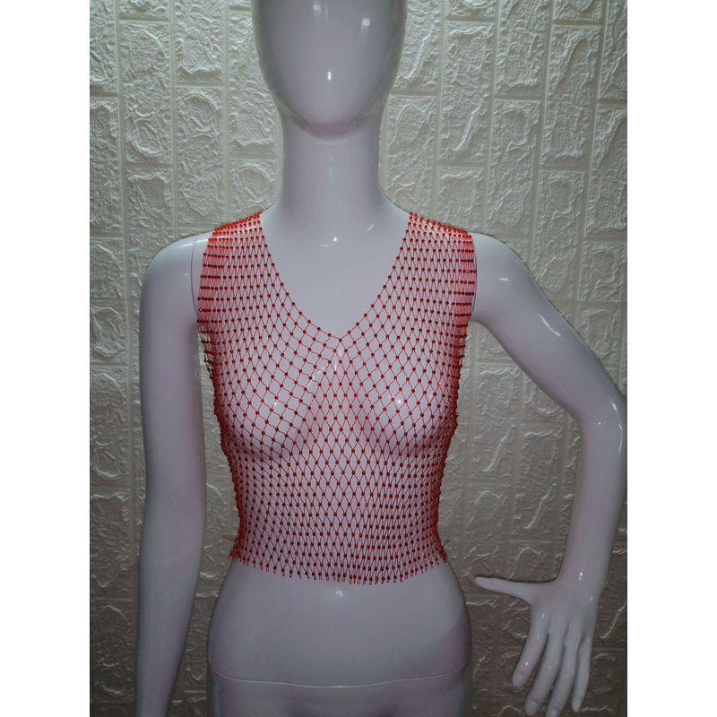 Mesh Rhinestone Top Sleeveless Vest V Neck T-shirt
