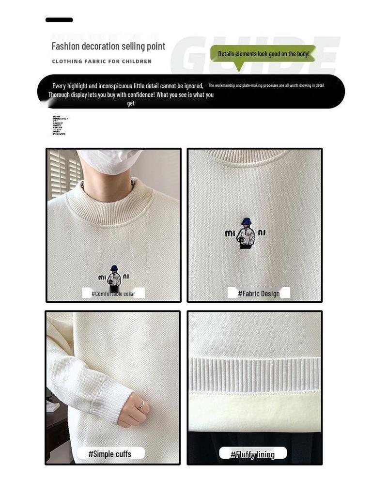 KM1023 Winter Plus Velvet High Neck Embroidered Men's Sweater - Thickened Base Layer Knitwear.