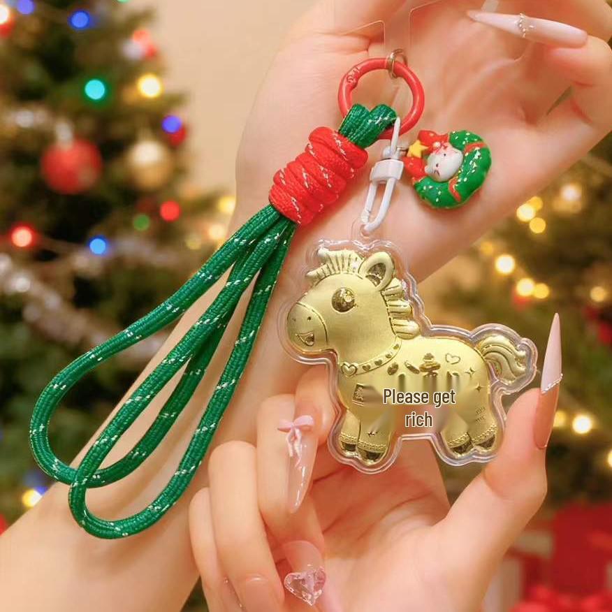 New Year Gold Phone Lanyard: Year of the Horse 999 Fine Gold Keychain - Good Fortune Gift Little Horse + Pendant