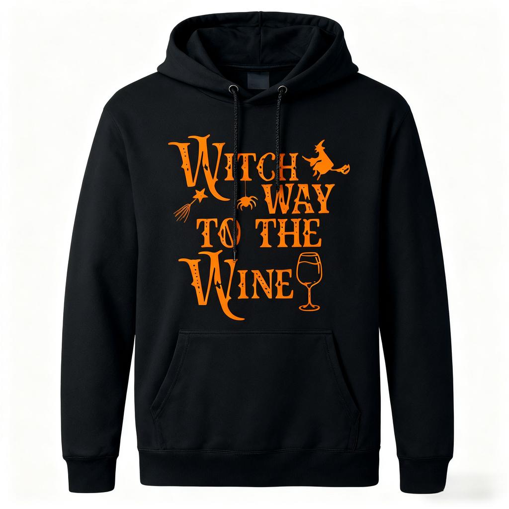 Witch Way To the Wine Hoodie, Humorous Halloween Wordplay Print Sweatshirt, Spooky Fun Top for Adults Winter