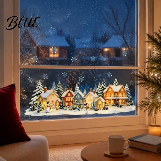 Holiday Glass Stickers Christmas Snow Village Static Window Cling Glowing Warm Scenery Sticker Reusable Party Decor for Glass Snowman House