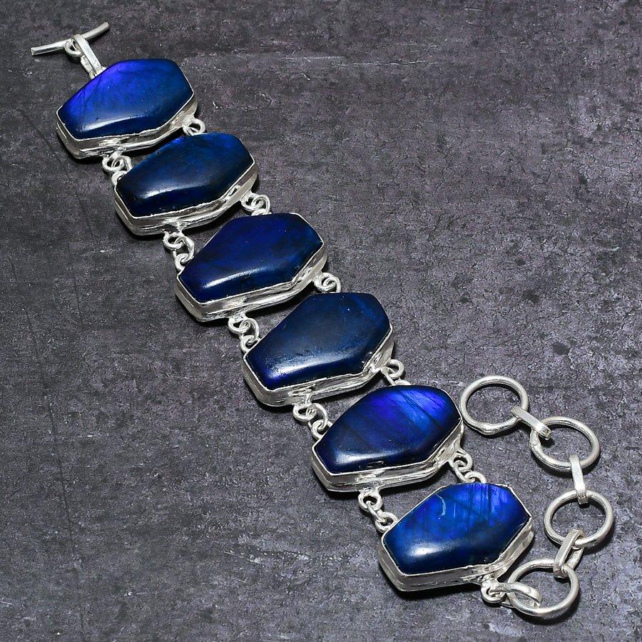 Blue Labradorite Gemstone Handmade 925 Sterling Silver Bracelet 7-8" U9h36