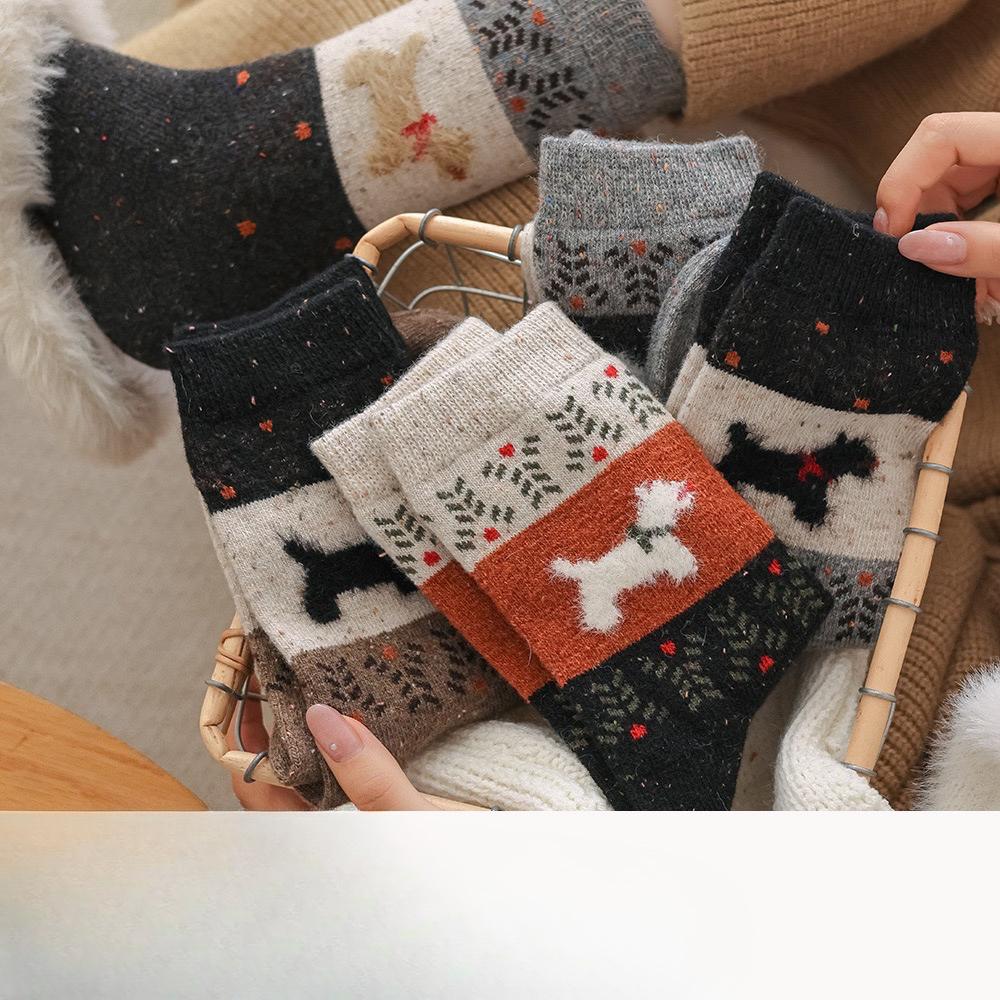Ich Herbst- und Winter-Cartoon-Farbblock-Hund-Mädchensocken, Verdickte Wollsocken, Warme Socken, Wadenlange Socken, Retro-Outfits