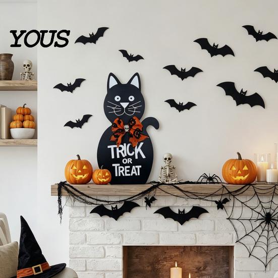 Halloween House Decor Door Sign for Front Door, Wooden Ghost Pumpkin Black Cat Party Supplies Hanger Wreath, Rustic Farmhouse Welcome Porch