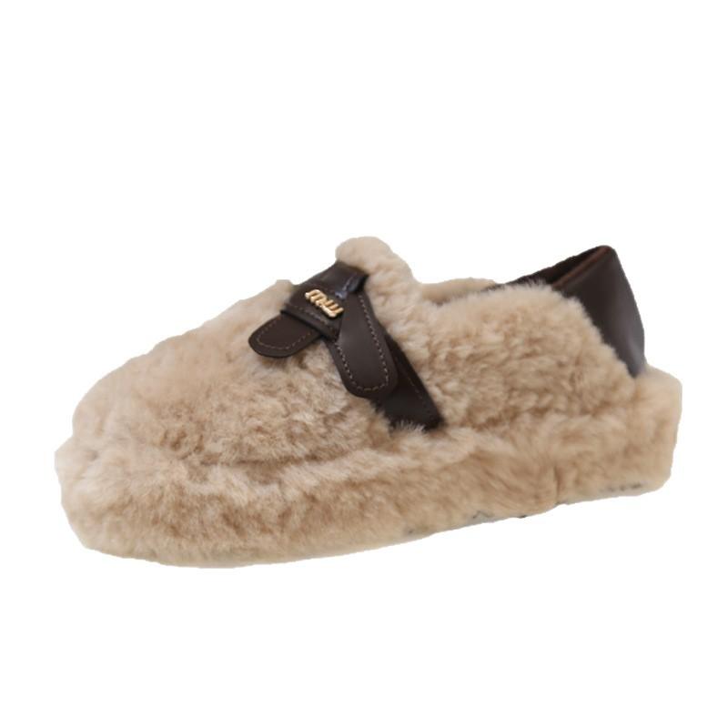 thick-soled fluffy shoes for women's outer wear 2025 autumn and winter new versatile one-pedal Doudou shoes velvet loafers cotton shoes