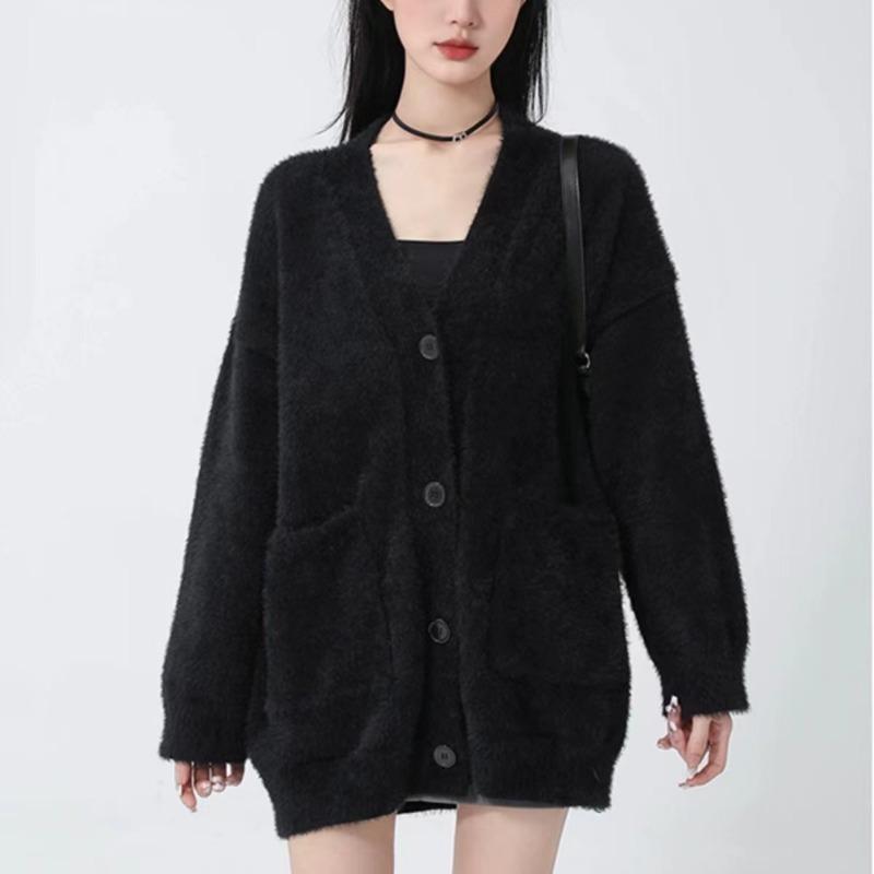 

Pink Mink Velvet Soft Waxy Sweater Coat Women s Autumn and Winter Loose Lazy Wind Mid-Length Knitted Cardigan Furry Onesize чорний