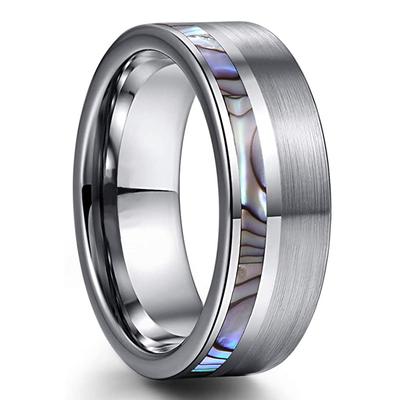 Anello da Uomo alla Moda 8mm Colore Argento Spazzolato Acciaio Inossidabile Inlay Colorato con Conchiglia di Abalone Anello da Uomo Fede Nuziale Gioielli Regali