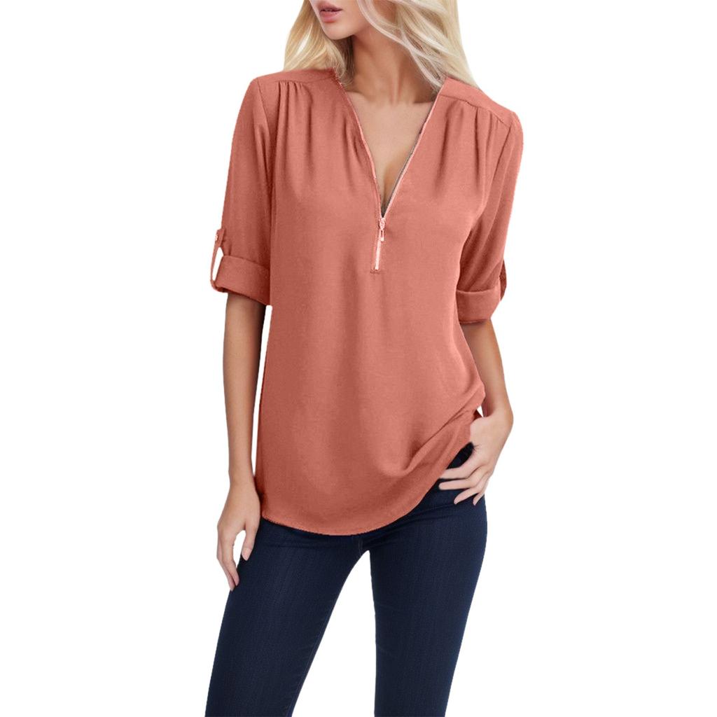 Summer and Autumn Shirt V-neck Zipper Large Size Women's Long Sleeve Can Roll Sleeve Short Sleeve Loose Shirt