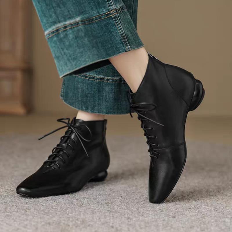 Women's Cow Leather Round Toe Lace-up Back Zip Autumn Ankle Boots High Quality Soft Comfortable Casual Female Short Boots Shoes