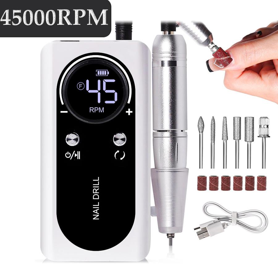 45000RPM Nail Drill Machine Portable Electric Nail File Machine Rechargeable Nail Lathe Nail Polish Gel Sander Nail Art Tools