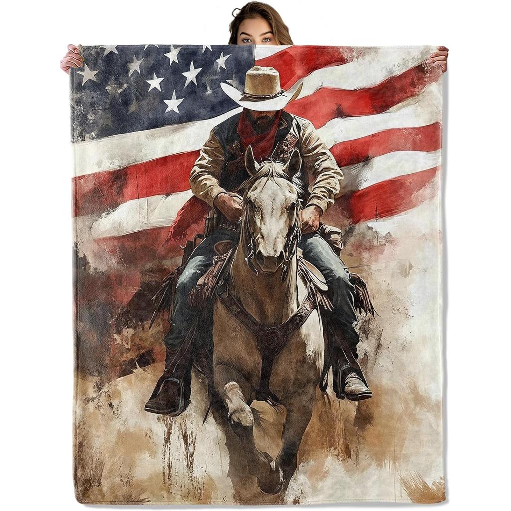 Cowboy Horse American Flag Blanket 50X60 In, Flannel Throw Blankets for Travel Camping Sofa Living Room Decor, Lightweight Cozy