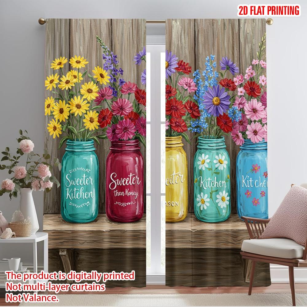 

2pcs 2D flat printing Curtains Kitchen Flowers Mason Jars 100% Polyester Without Electricity Seasonal Party & Holiday Decor 52.50×116.00 CM 2pcs