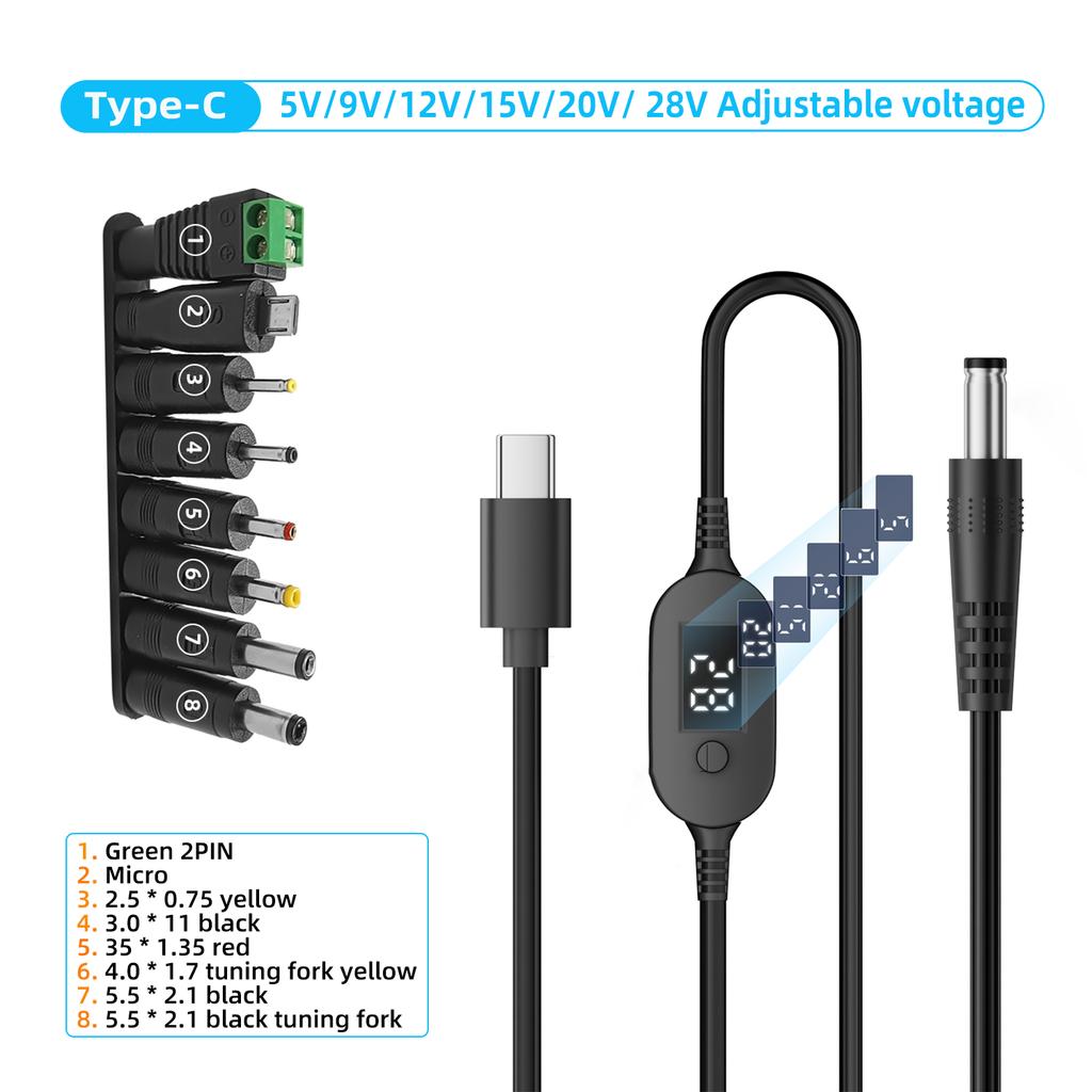 USB C To DC Power Cable 140W Type C To 5V 9V 12V 15V 20V 28V Adjustable Voltage Adapter Connector Cable for Laptop Routers