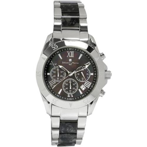 

Мужские часы-хронограф Salvatore Marra с ацетатным и двухцветным ремешком, SM23105-SSBKMOP, серебристые с черным перламутром, лимитированная серия к 20-летию. К