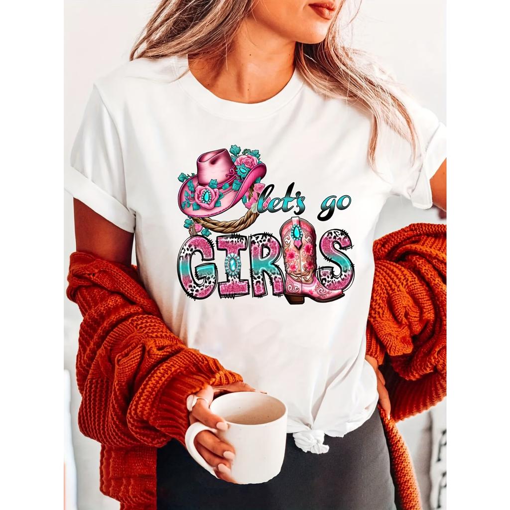 Letter Print T-Shirt, Short Sleeve Crew Neck Casual Top for Summer & Spring, Women'S Apparel