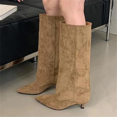 Fashion 2024 Autumn and Winter New Style Simple Temperament Bottom Heel Pointed High Boots Comfortable Solid Color Wide Boots