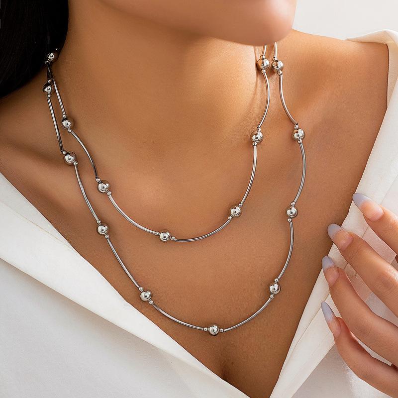 European and American jewelry, exaggerated cyberstyle multi-layer round bead stacking necklace, simple and personalized beaded necklace