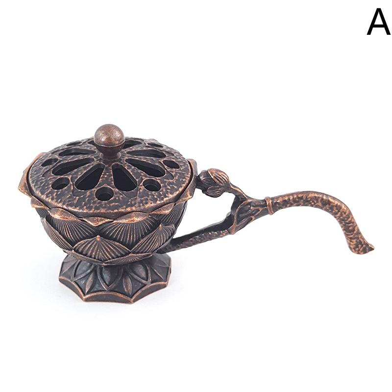 Lotus Flower Incense Burner With Handle Retro Lotus Hollow Out Incense Stick Burner Small Metal Craft Home Decor