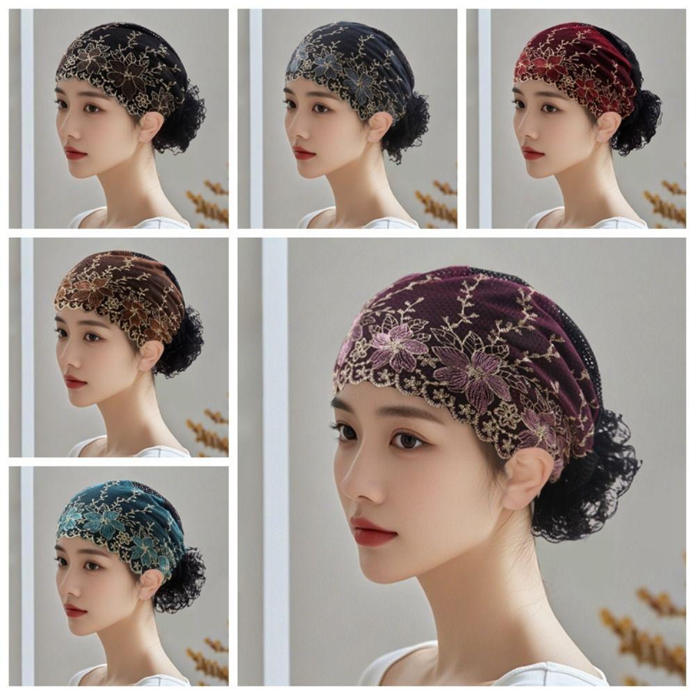 Soft Elastic Curly Hair Hat Embroidered Flowers Elderly Beauty Cap  All-match