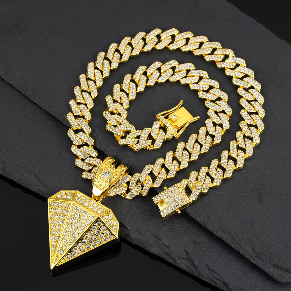 Hip Hop Tapered Pendant Necklace with 14mm Cuban Chain Diamond Shape Pendants Necklaces Fashion Charm Jewelry,For Men And Women
