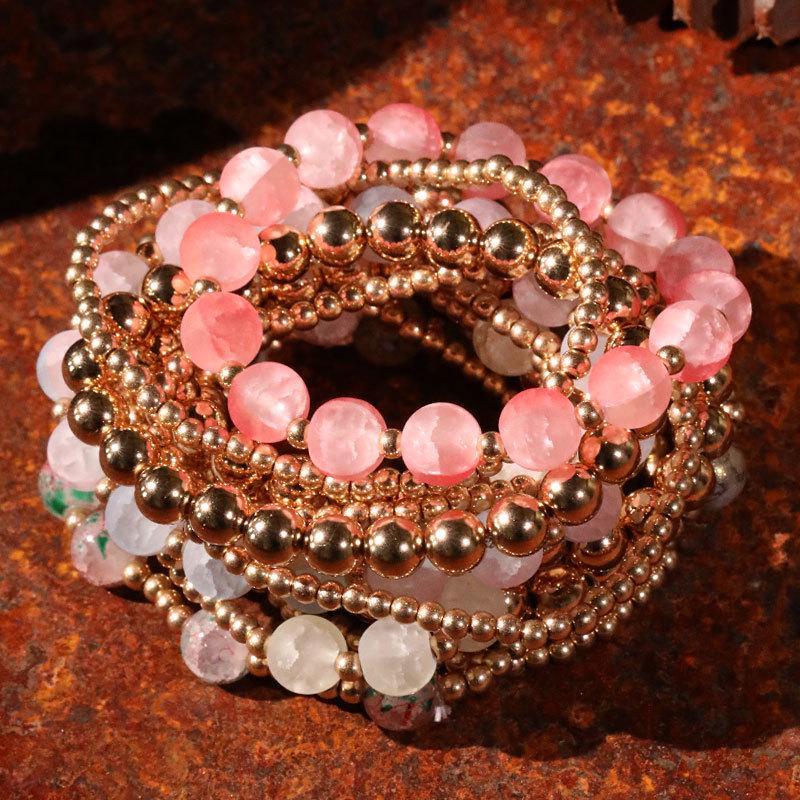 Retro Gold Multi-strand Bracelet Set: Contrasting Color Beaded Stackable Luxury Fashion Jewelry for Women