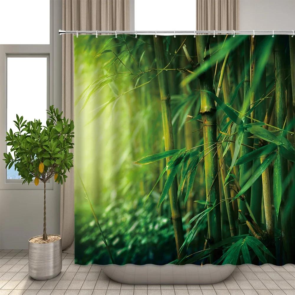 Modern Green Natural Bamboo Series Shower Curtain Set Waterproof Home Bathroom Decor Curtains With Hook Popular Bath Accessori