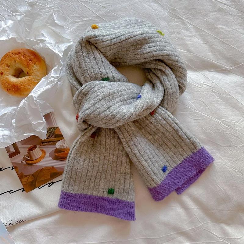 

2024 New Student Korean Edition Versatile White Thick Warm Neck Protection Rainbow Candy Knitted Scarf 23x144cm