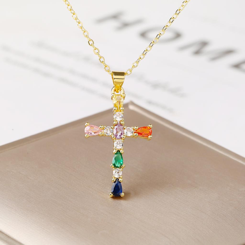 Shiny Rhinestones Cross Necklace Colorful Cubic Zirconia Pendant Christian Religious Zircon for Women Fashion Choker Gift