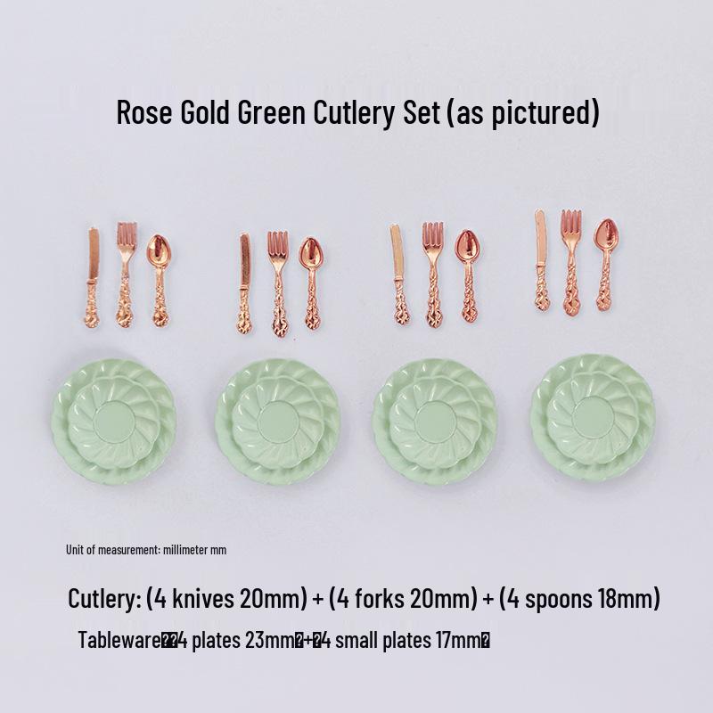 Miniature Dollhouse DIY Model Cake Set: Alloy Plate, Knife, Fork & Spoon Props