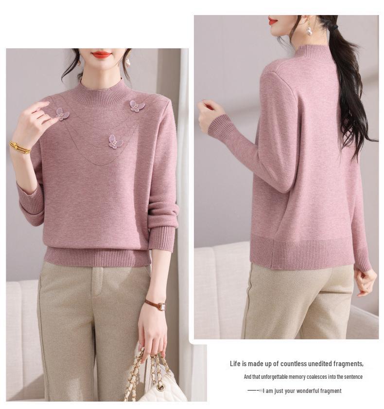 Women's Winter Half-High Neck Sweater for Middle-Aged and Elderly, Autumn/Winter Knitted Pullover