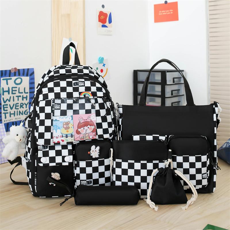 

Набор рюкзаков из пяти предметов. Милый свежий рюкзак для подростков. Студентки на кампусе. Большая вместительная уличная сумка на плечо. Рюкзак. Небольшой пакет на шнурке. чёрный