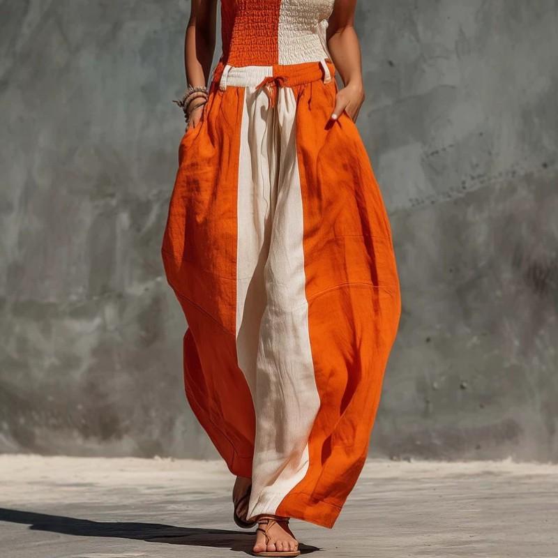 Strapless Orange Beige Contrast Cotton Linen Jumpsuit Loose Fit 2026