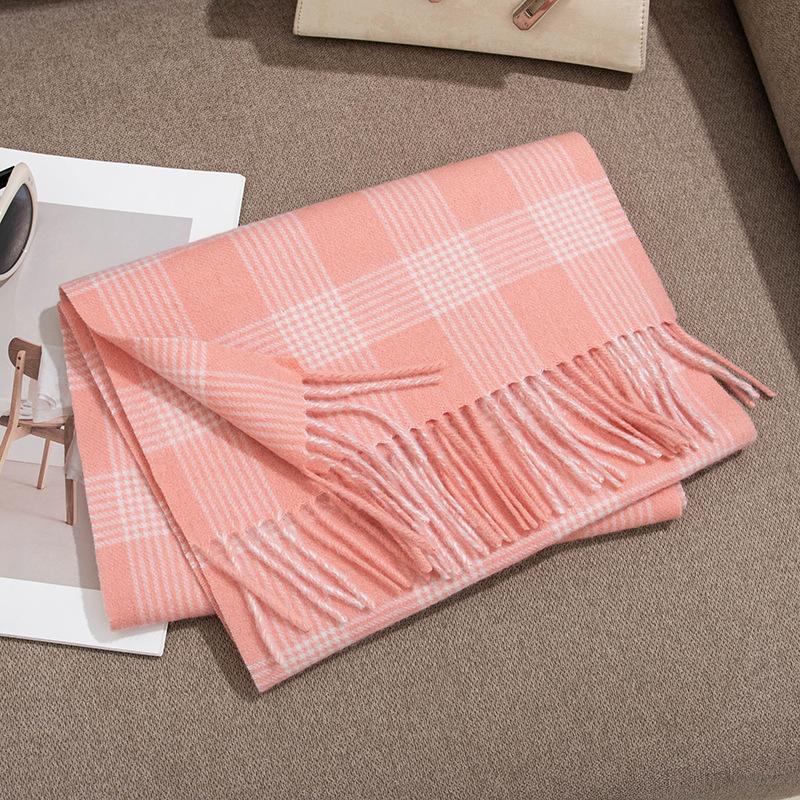 Wool Scarf Versatile Sweet Style Winter Warm Plaid Scarf Ins Korean Version Pink Plaid Scarf for Women