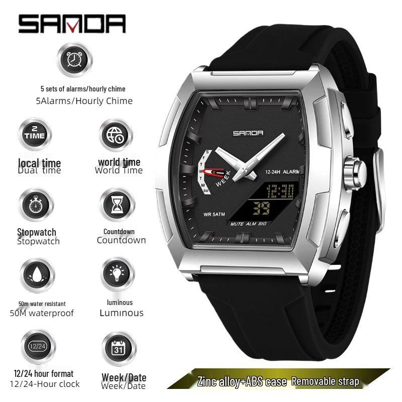 Sanda Trendy Men s Dual Display Luminous Waterproof Electronic Watch - Casual and Versatile with Countdown Timer чёрный/серебряный