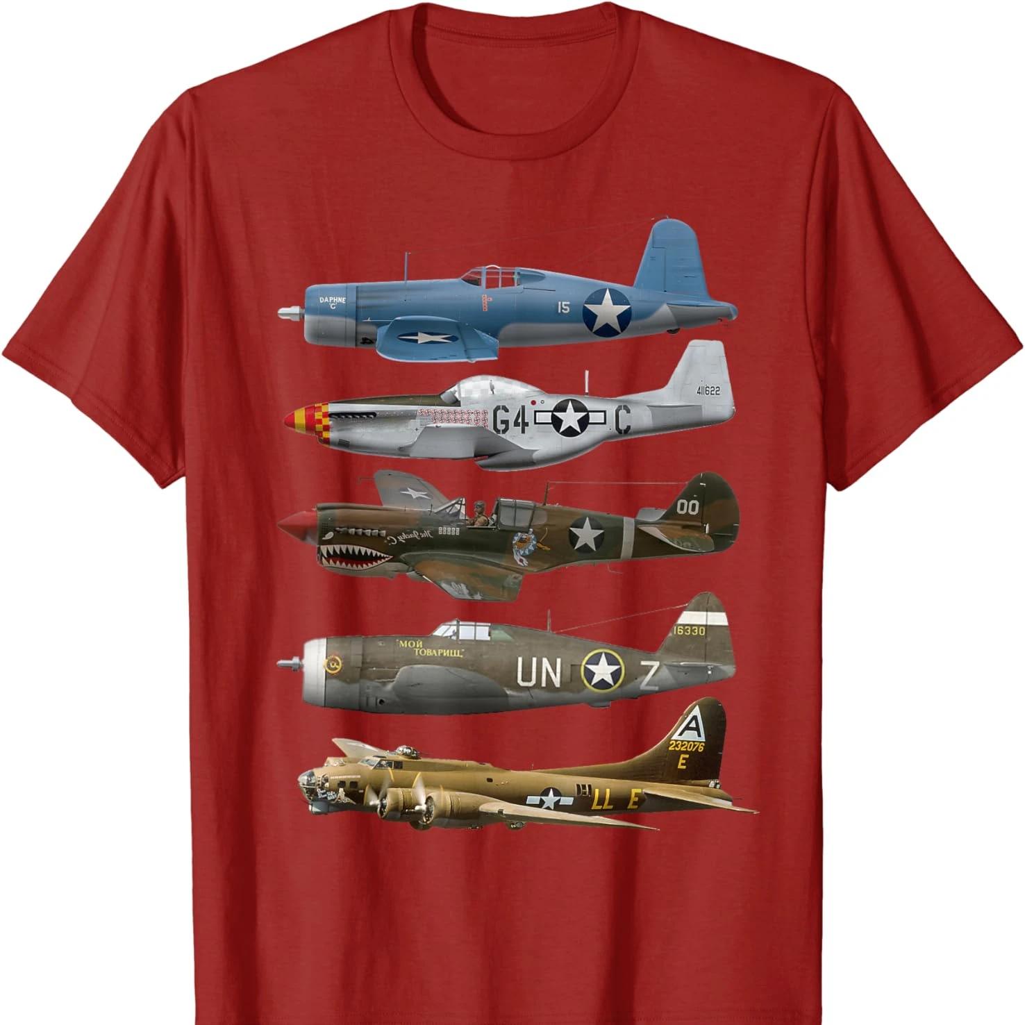 WW2 Warplanes B-17 P51 Mustang F4U Corsair P40 Warhawk T-Shirt Short Sleeve Casual 100% Cotton Shirt S