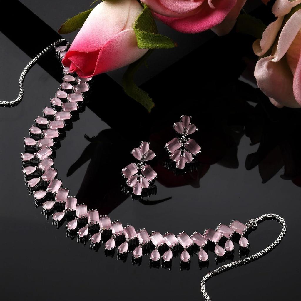 Rhodium-Plated Silver Toned Pear Shaped American Diamond Studded Necklace with Earrings Jewellery Set with Girls and Women
