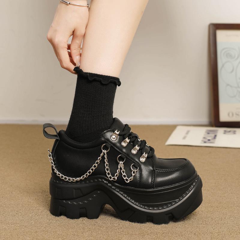 Sweet and Cool Girl High-heeled Small Leather Shoes Women's Black Platform Muffin Shoes Lace-up, Thin and Tall British Style Single Shoes Women