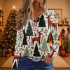Women's Casual Christmas Print V-Neck Long Sleeve T-Shirt with Decorative Buttons for Holiday Parties