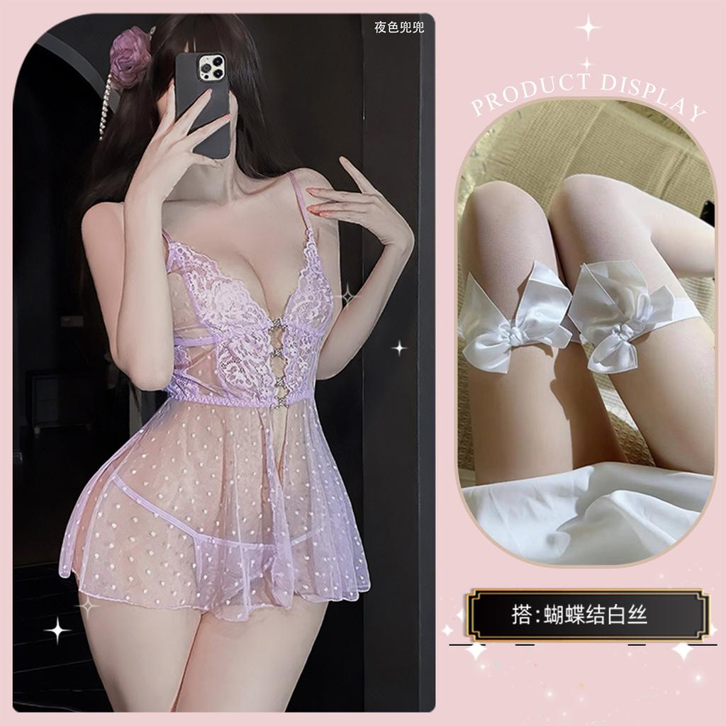 Sex Clothes Sexy Polka Dot Perspective Mesh Lace Crystal Buckle Suspender Nightdress Abstinence Suit