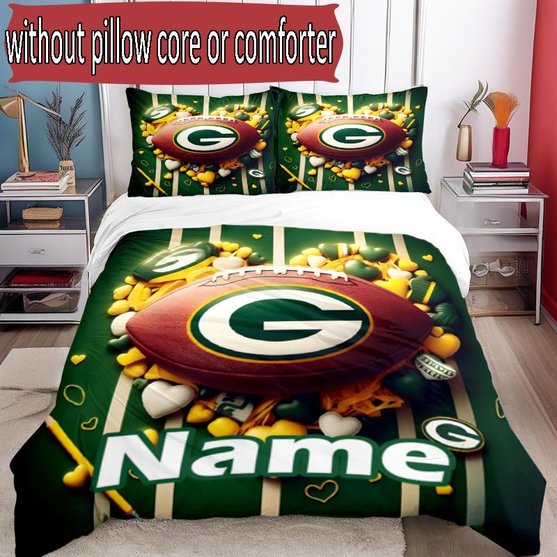 3pcs Duvet Cover Set (1*Duvet Cover + 2*Pillowcase, Without Core), Custom Name Green Bay Packers Pattern Bedding Set, Home Bedroom Decor Gift