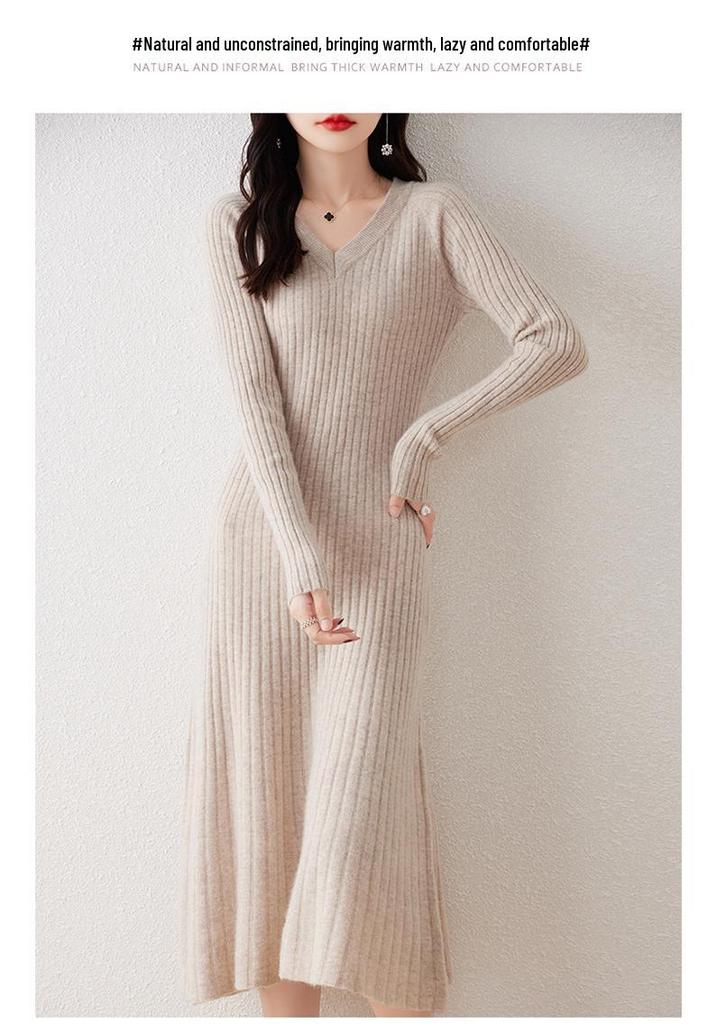 Women's Slim Fit Knee-Length V-Neck Wool Dress with Knit Cashmere Coat