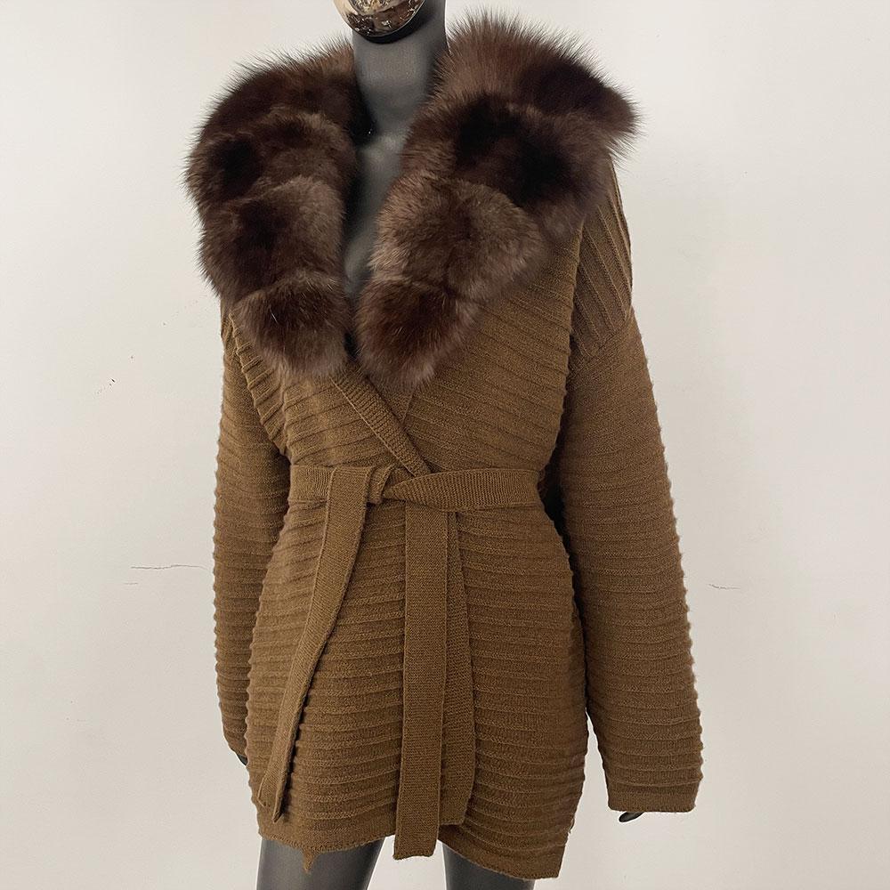 OFTBUY Herbst Damen Weich Lang Echter Fuchs Pelz Warm Gestrickter Mantel Gürtel Umlegekragen Oberbekleidung Lässige Pullover Jacke Locker Dame Elegant Lang