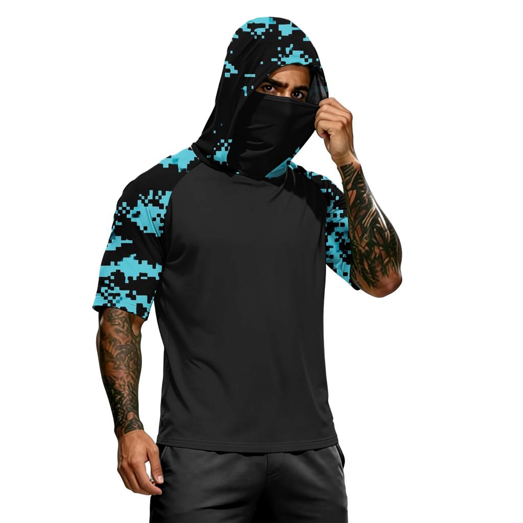 Men's Summer Camouflage Gradient Drying Short-sleeved T-shirt, Sun Clothing, Fishing, Fitness, Sports, Hooded Short-sleeved Shirt