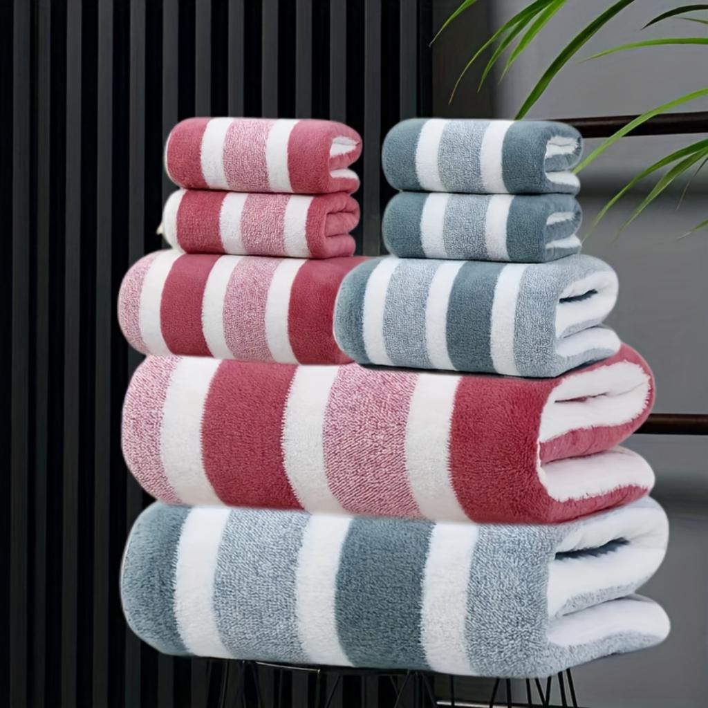 8pcs Of Non-Hair-Free Super Absorbent And Ultra-Soft Five-Star Hotel Standard Two-Color Striped Bath Towel Towel Set, Including 2 Bath Towels