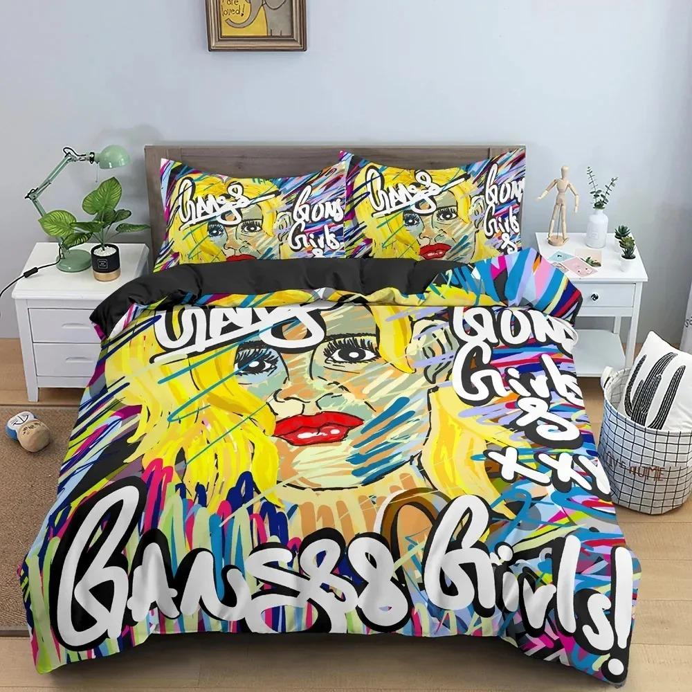 Cartoon Graffiti Bedding Set Boys Girls Twin Queen Size Duvet Cover Pillowcase Bed Boys Adult Fashion Home Textileextile