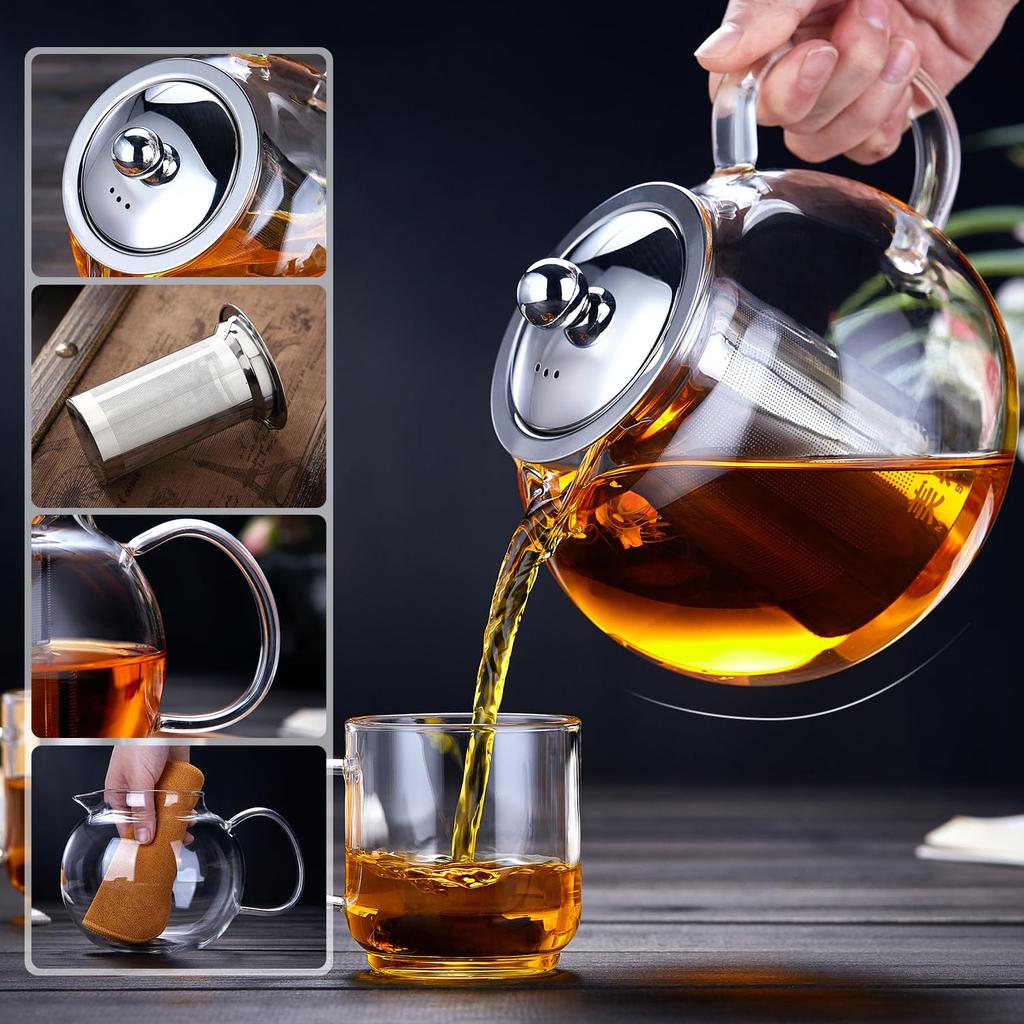 Pokaro Tea Teapot, Heat-Resistant Glass, Perfectly Round, 650ml, with Stainless Steel Strainer, Suitable for Fine-Leaf Tea, Shatter-Resistant,