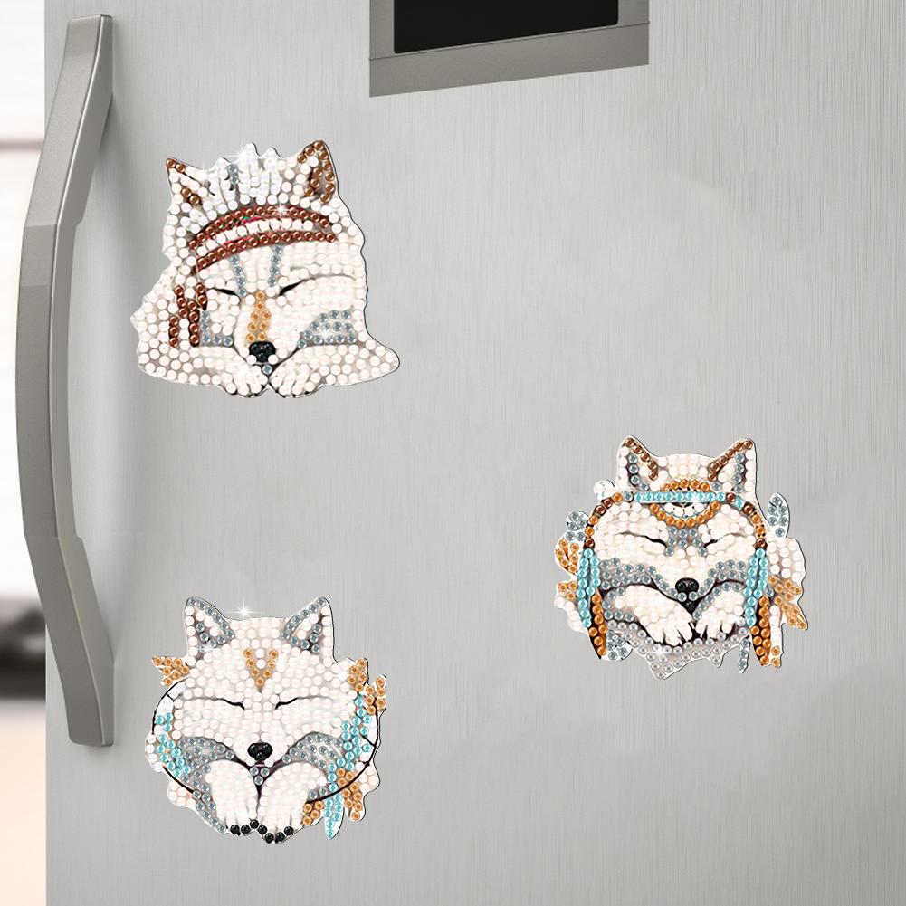 6Pcs Special Shape Diamond Painting Fridge Magnet White Fox Fridge Stickers Diamond Art Fridge Magnet for DIY Crafts Party Gift