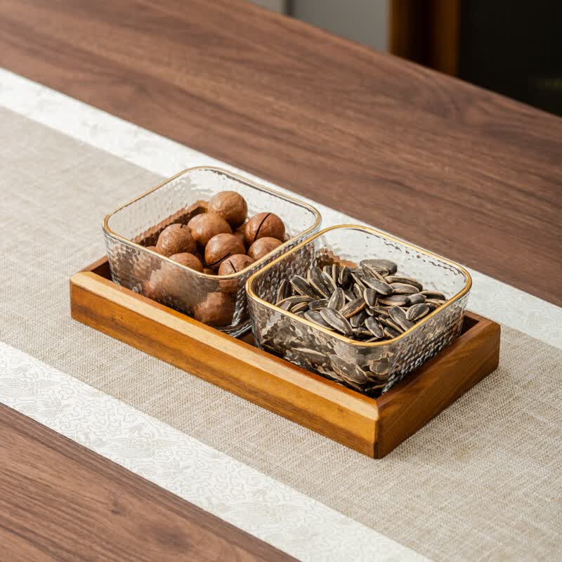 Walnut Wood & Glass Divided Snack Tray